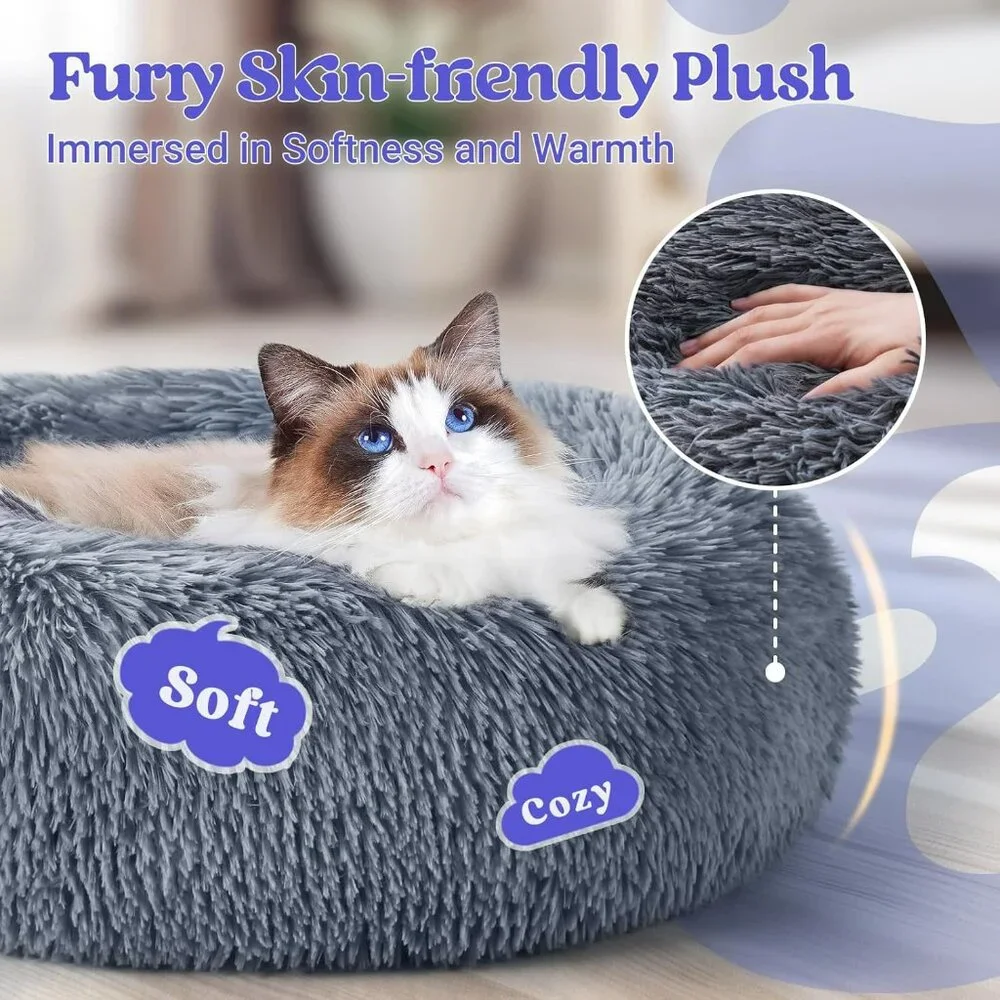 Cat Beds for Indoor Cats, 20 inches Cat Bed Machine Washable, Fluffy Round Pet B
